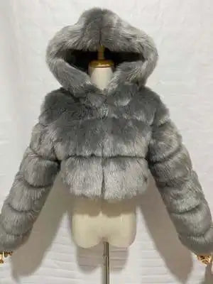 Kurze Damen Kunstfelljacke mit Kapuze, gestreiftes Design