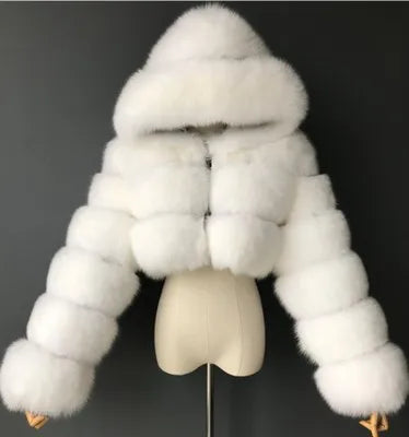 Kurze Damen Kunstfelljacke mit Kapuze, gestreiftes Design