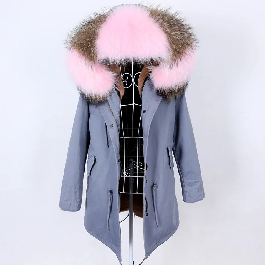 Damen Parka Jacke mit Kapuze und Fellimitatbesatz olivgrün