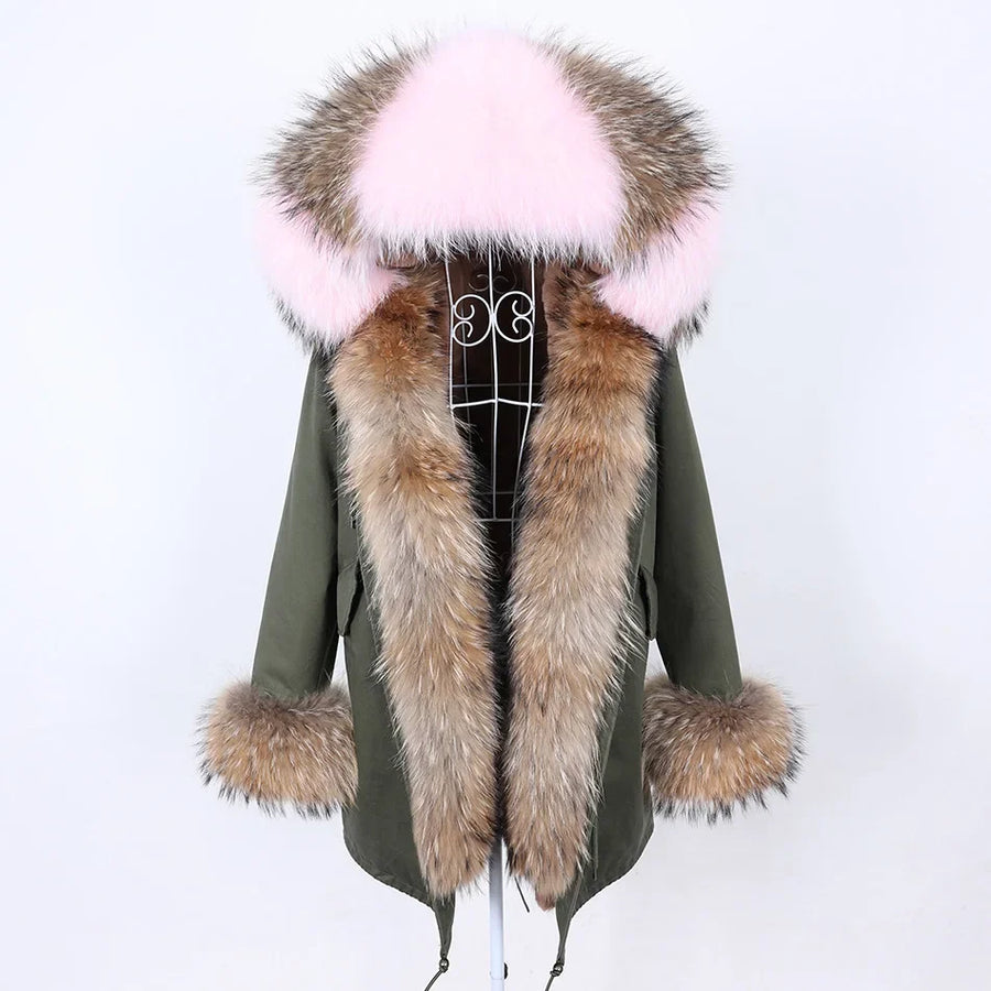 Damen Parka Jacke mit Kapuze und Fellimitatbesatz olivgrün