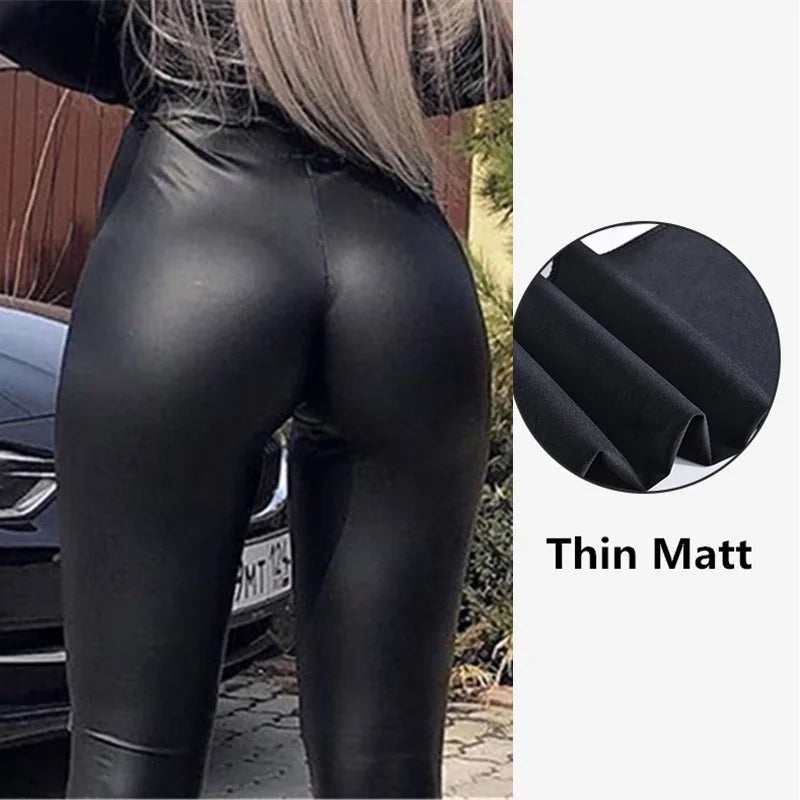 Damen Glänzende Leggings Hoher Bund Schwarz