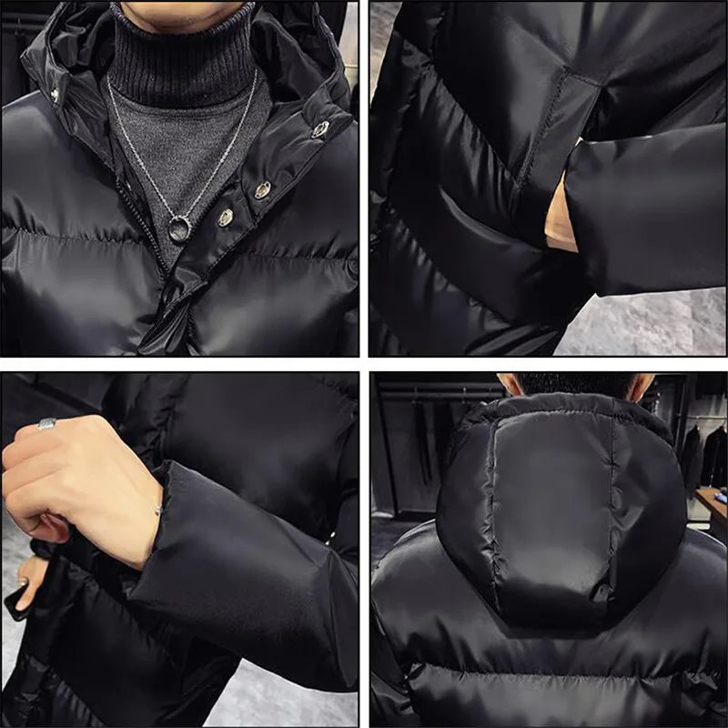 Langer Schwarzer Herren Winter Daunenjacke mit Kapuze Steppmantel