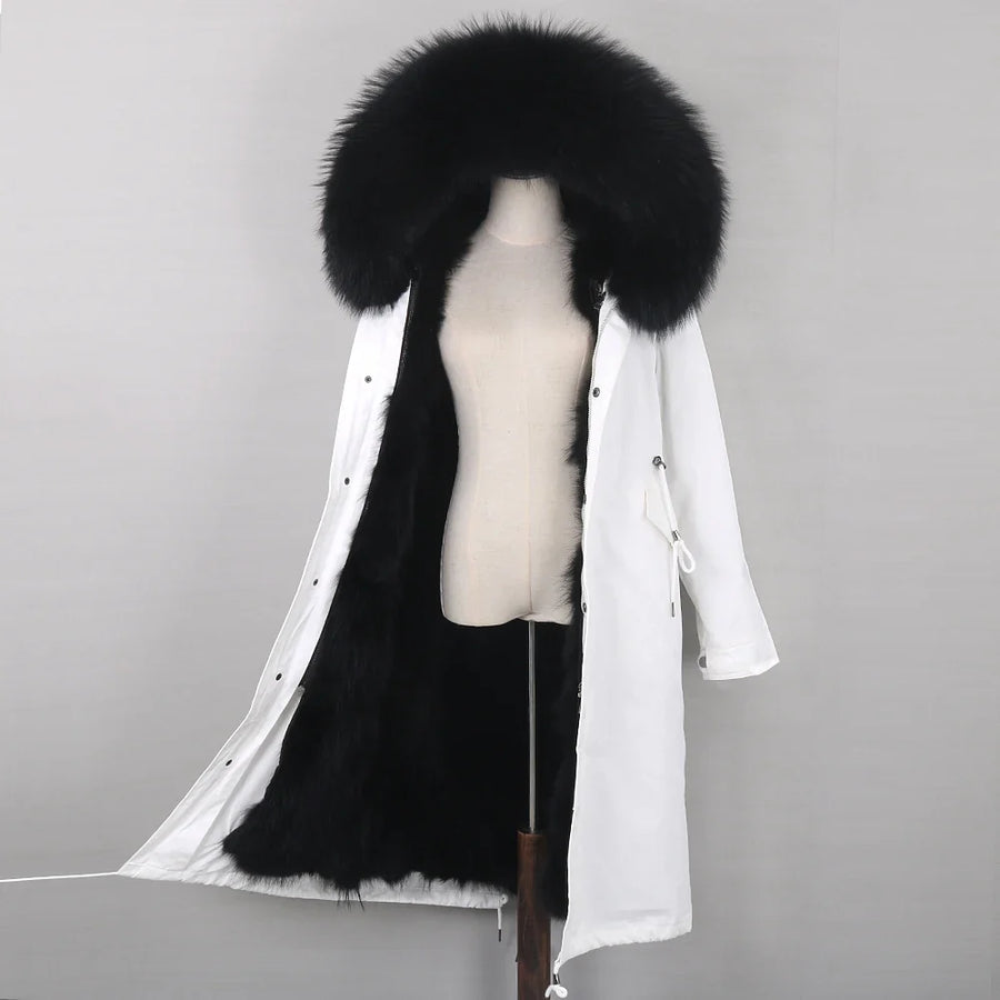 Damen Winterparka lang mit Kapuze und Fellimitat-Futter Weiß