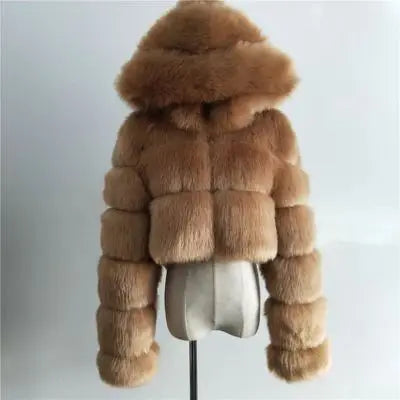 Kurze Damen Kunstfelljacke mit Kapuze, gestreiftes Design