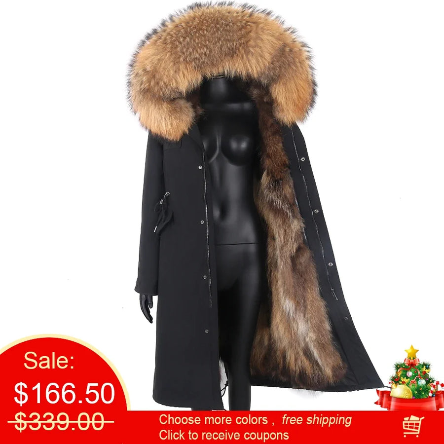 Parka mit Fellkapuze & Fellfutter langer Wintermantel Damen