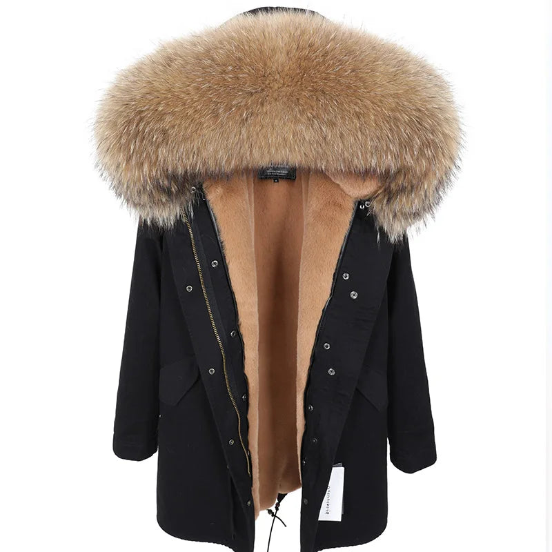 Damen Parka Jacke mit Kapuze und Fellimitatbesatz olivgrün
