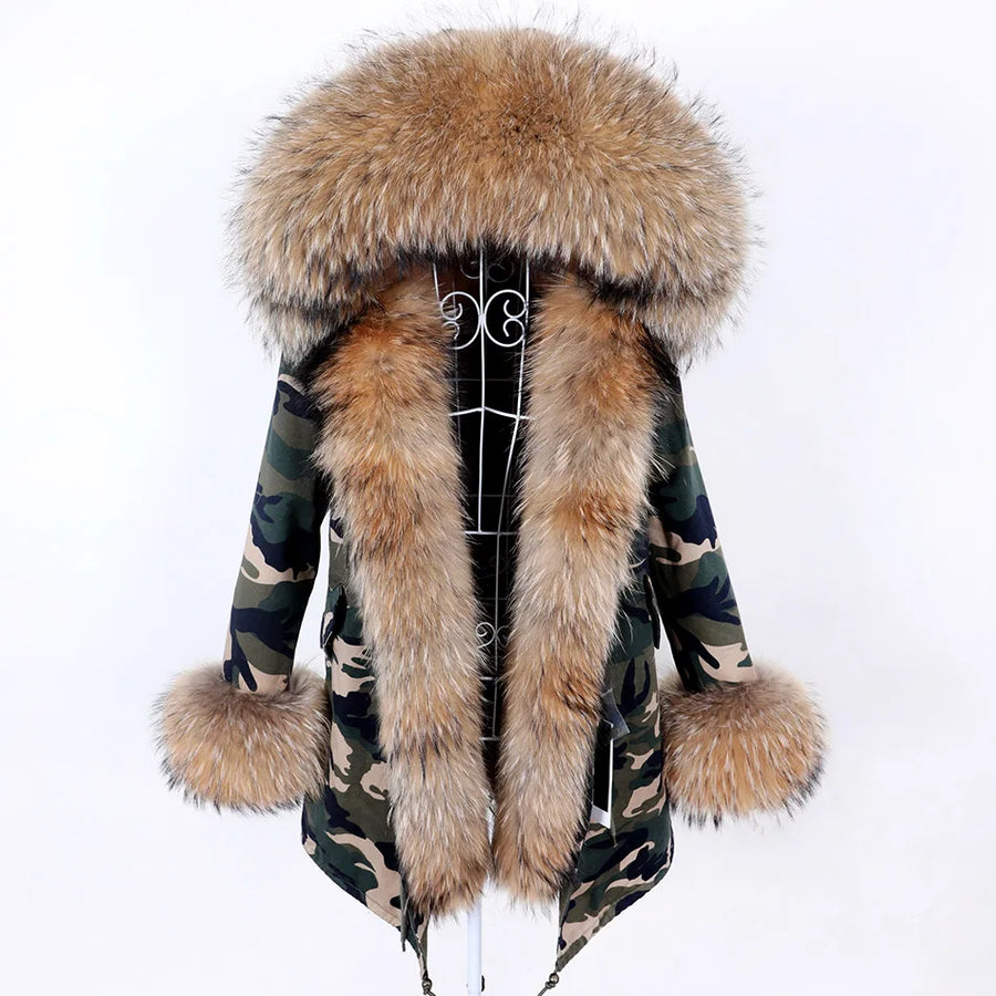 Damen Parka Jacke mit Kapuze und Fellimitatbesatz olivgrün