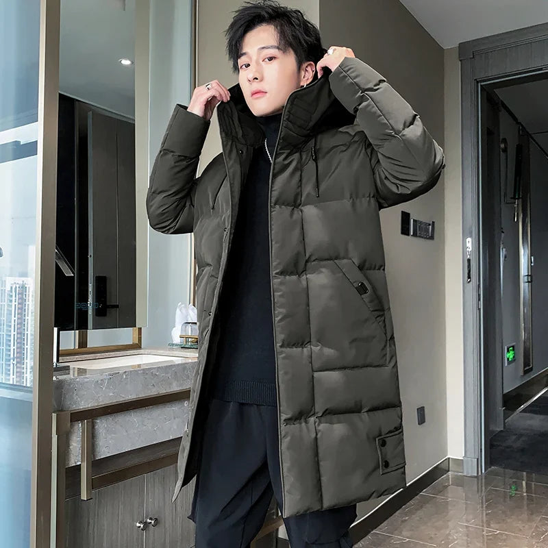 Herren Langer Steppmantel mit Kapuze Winterjacke
