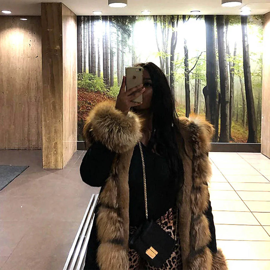 Damen Parka Jacke mit Kapuze und Fellimitatbesatz olivgrün