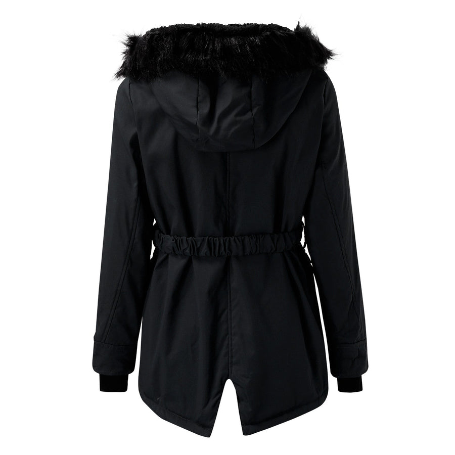 Dameswinterparka met capuchon en imitatiebontafwerking, warme jas met zakken