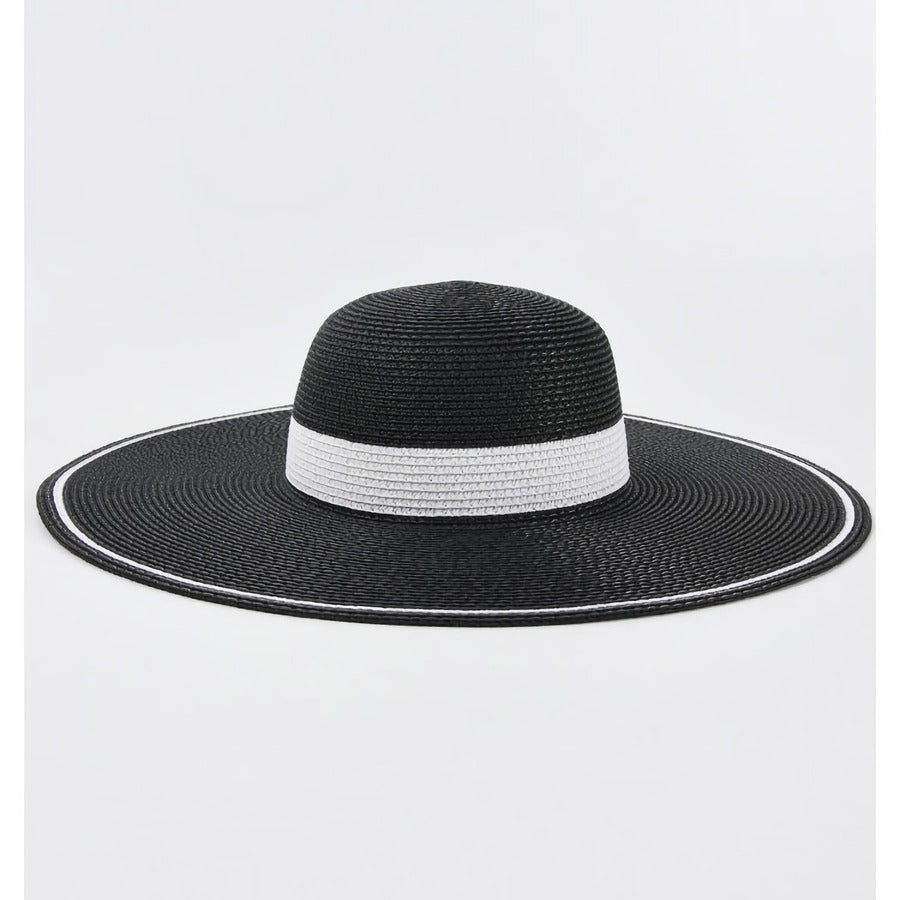 Zonnehoed voor dames met brede rand en band - zwart-wit