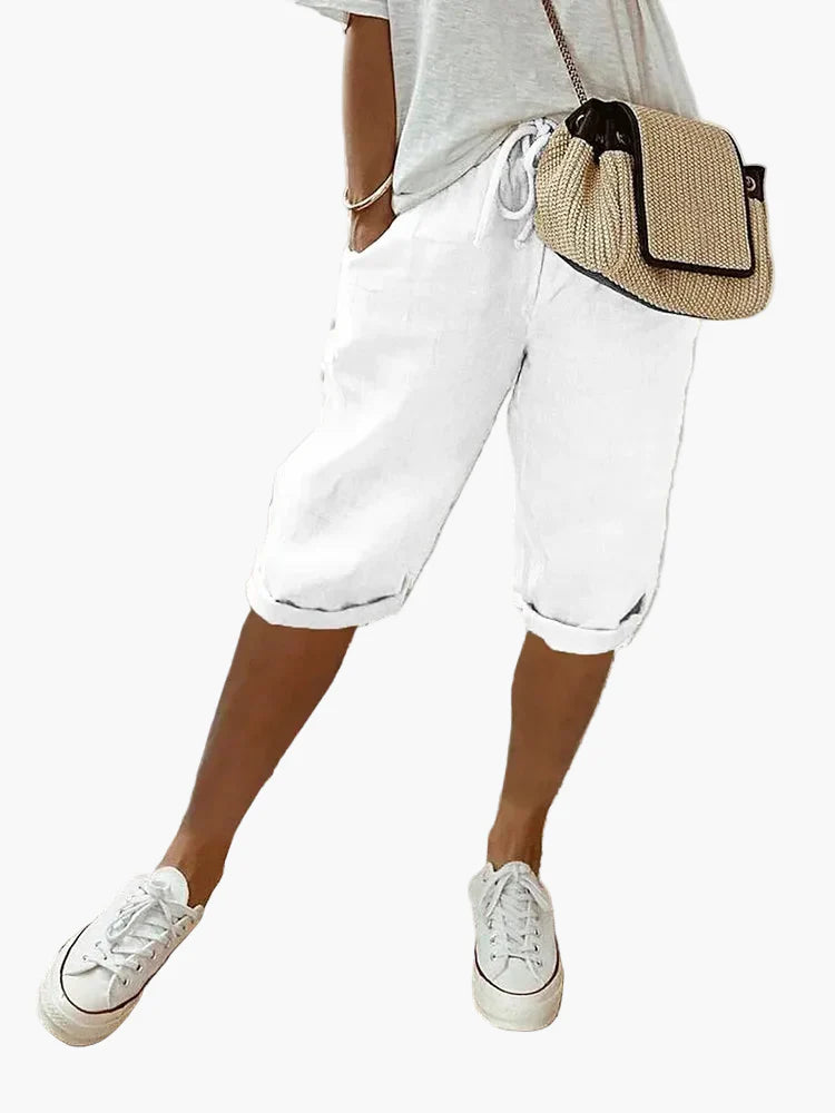 Damen Caprihose Leinen-Look mit Kordelzug & Umschlagbund