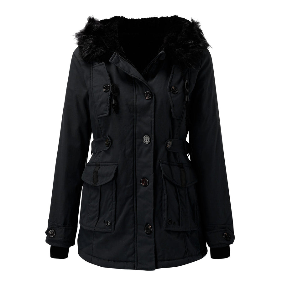 Dameswinterparka met capuchon en imitatiebontafwerking, warme jas met zakken