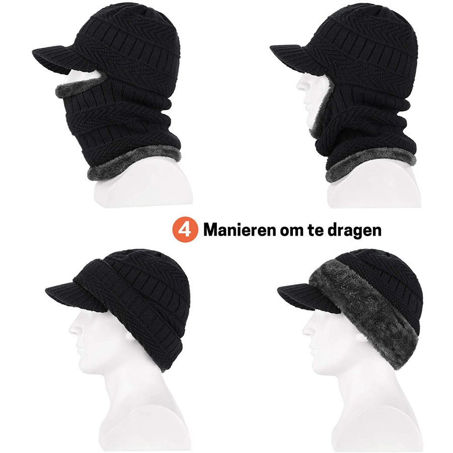Gebreide beaniemuts met klep en warme colsjaal, winterset