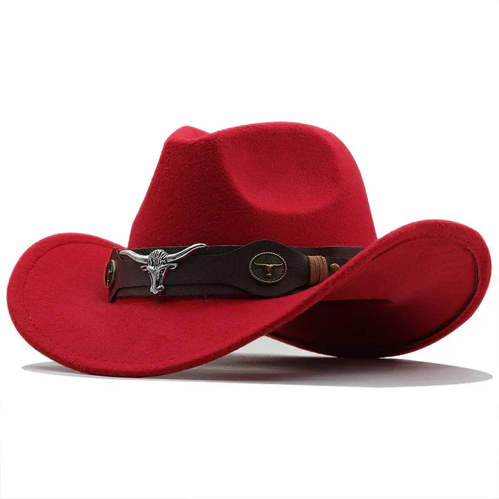 Unisex Cowboyhut Westernhut mit breiter Krempe und Stierkopf-Dekor, weiches Material