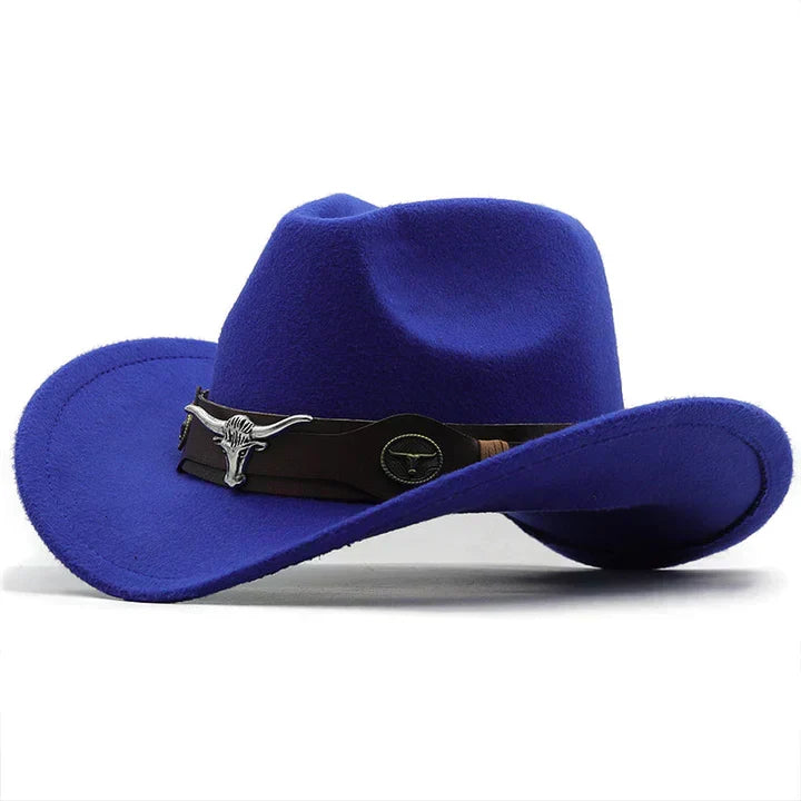 Unisex Cowboyhut Westernhut mit breiter Krempe und Stierkopf-Dekor, weiches Material