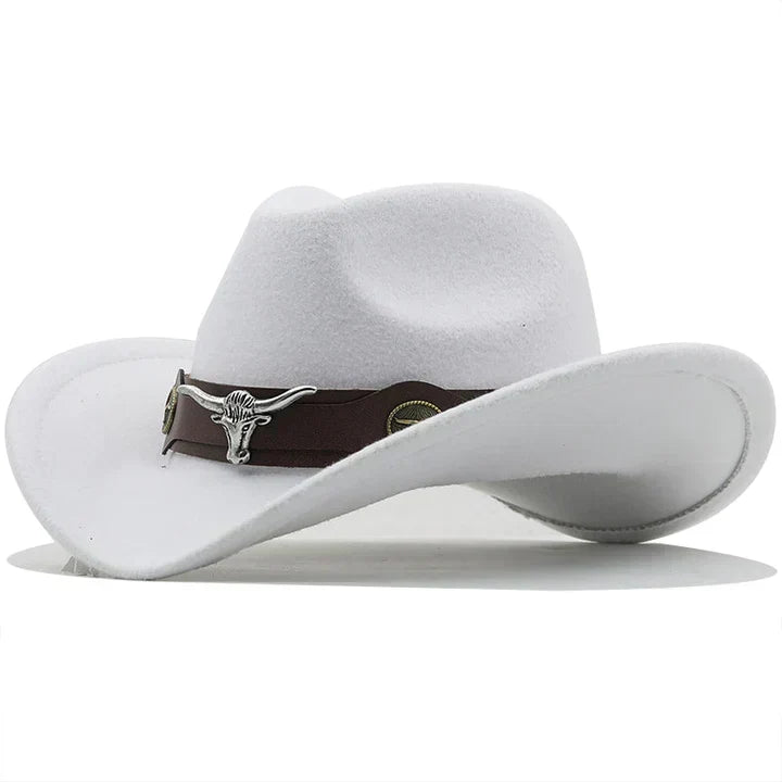 Unisex Cowboyhut Westernhut mit breiter Krempe und Stierkopf-Dekor, weiches Material