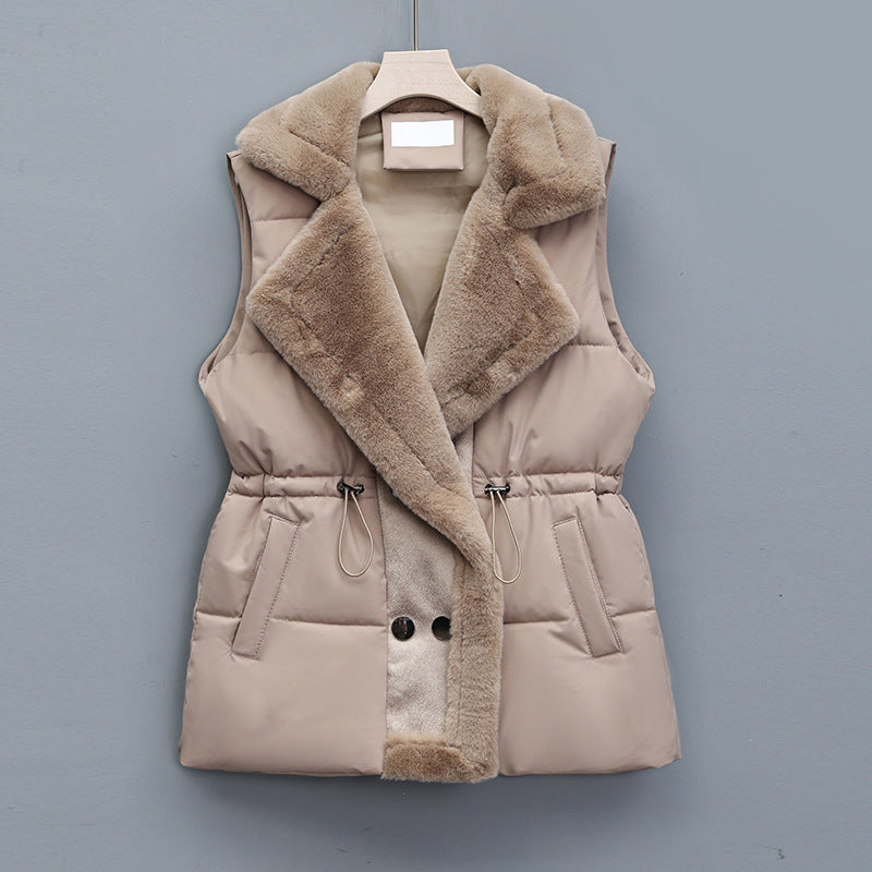 Damesbodywarmer met kraag van imitatiebont en taillekoord