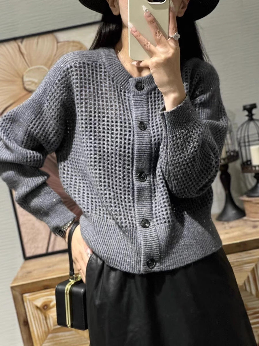 Damen Strickjacke mit Rundhals und Lochmuster, geknöpft