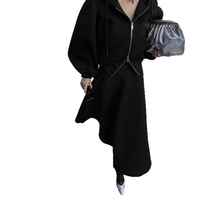 Damen Hoodie-Jacke mit Puffärmeln & A-Linien-Midirock Set