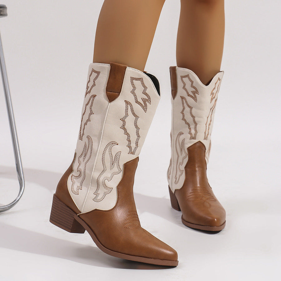 Damescowboylaarzen in tweekleurige look met borduursel, westernlaarzen