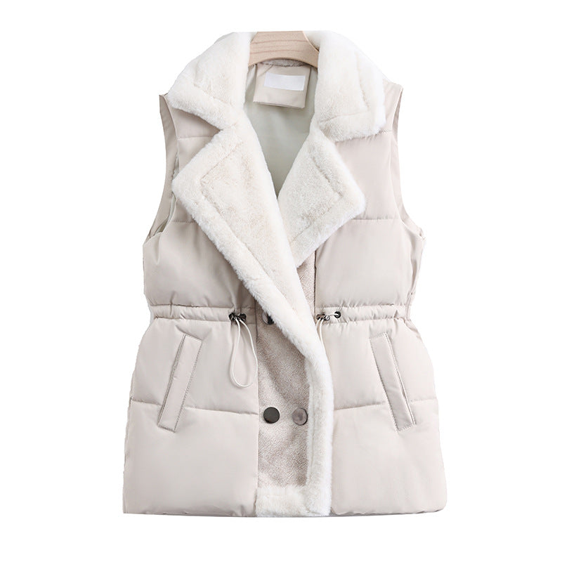 Damesbodywarmer met kraag van imitatiebont en taillekoord