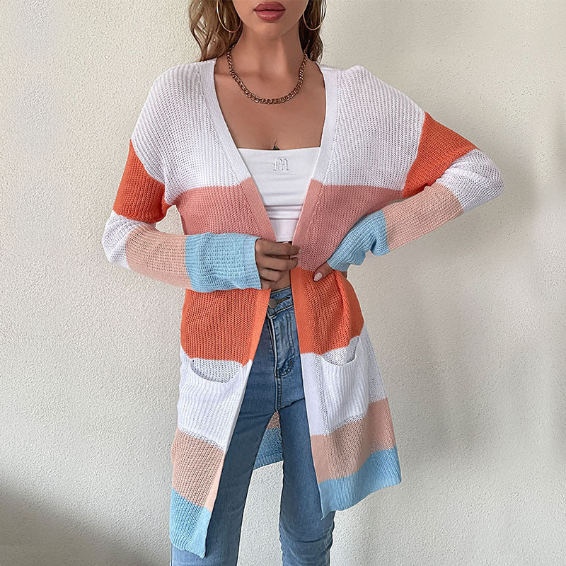 Lange damesgebreide cardigan met colorblockdesign, open voorkant