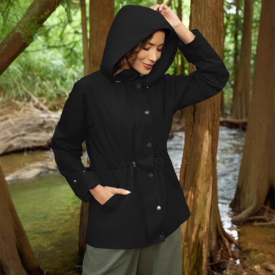 Damen Regenjacke mit Kapuze & Taillenzug Kordelzug - Mehrfarbig