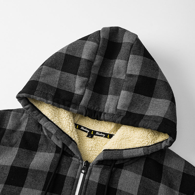 Herren Karierte Hoodie-Jacke mit Fleecefutter, Reißverschluss & Kapuze