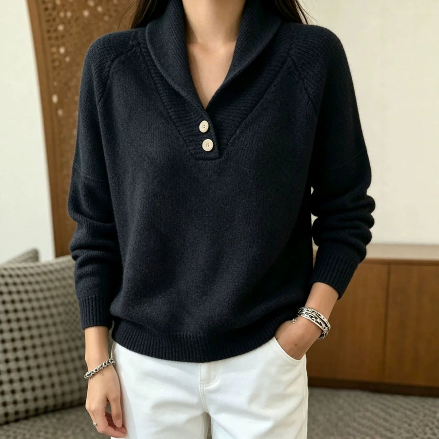 Damen Pullover mit Schalkragen und Knopfleiste, weiches Material