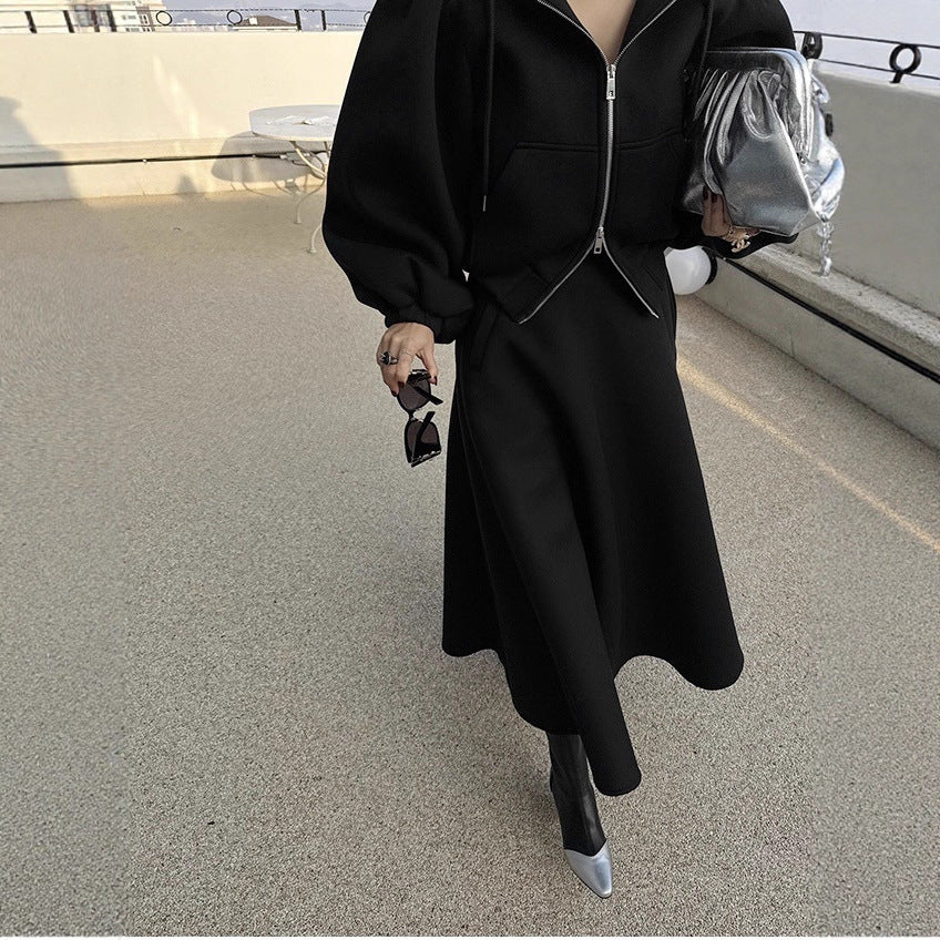 Damen Hoodie-Jacke mit Puffärmeln & A-Linien-Midirock Set