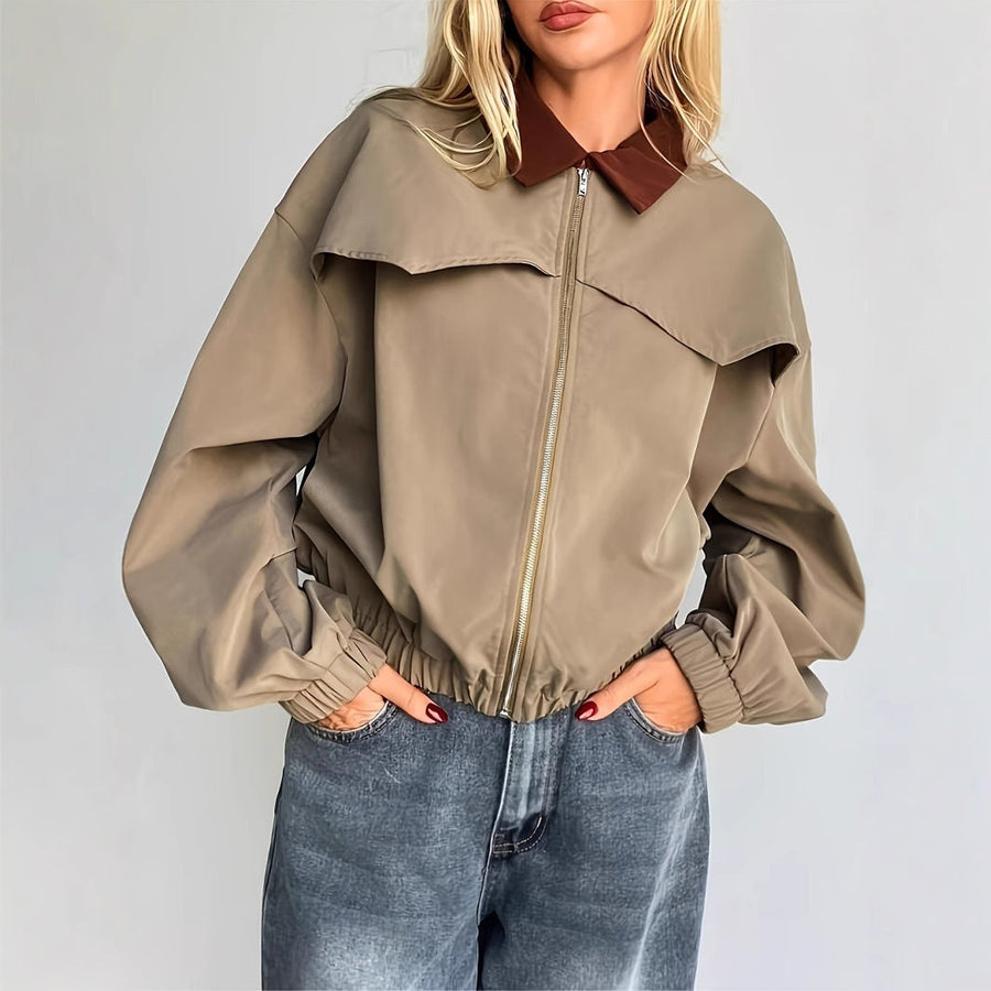 Kurze Bomberjacke für Damen mit braunem Kragen und Reißverschluss