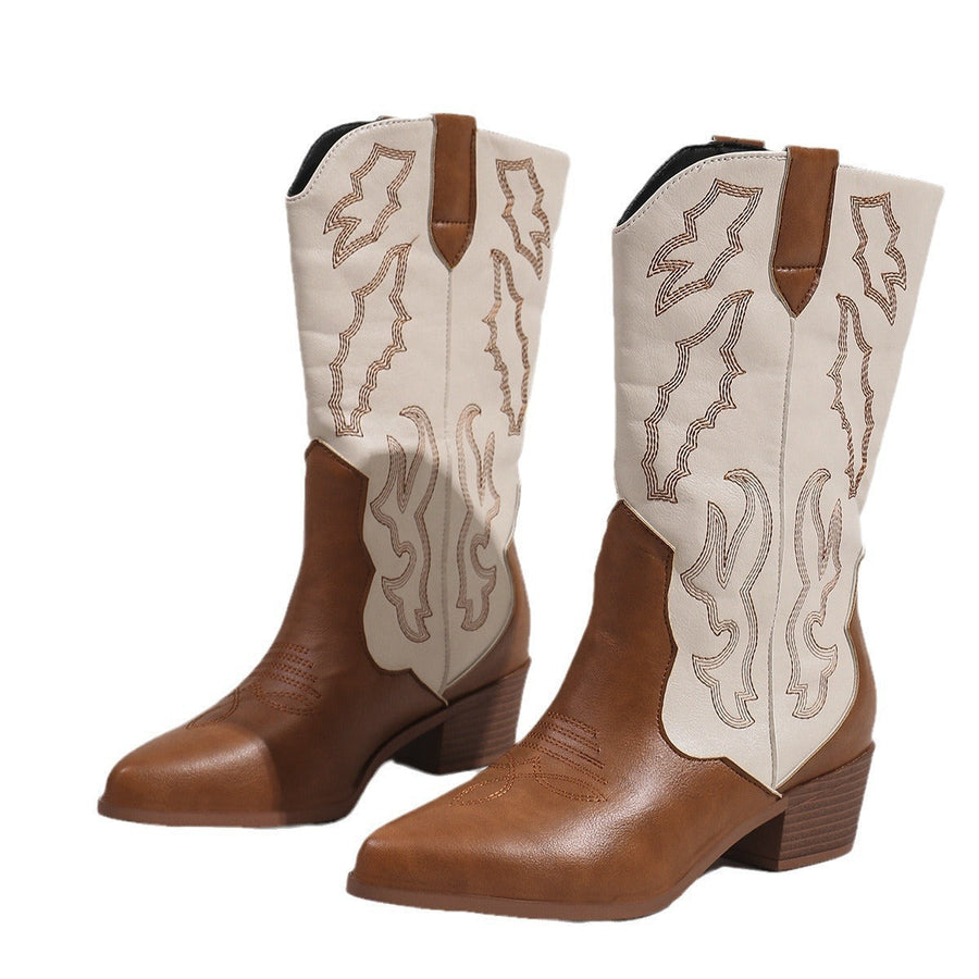 Damescowboylaarzen in tweekleurige look met borduursel, westernlaarzen