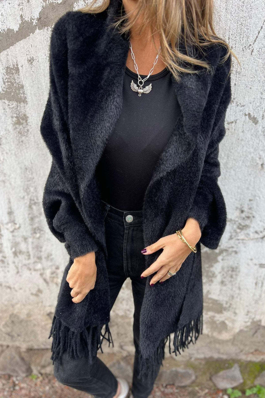 Cardigan Damen Fransen Strickjacke Flauschig Offen