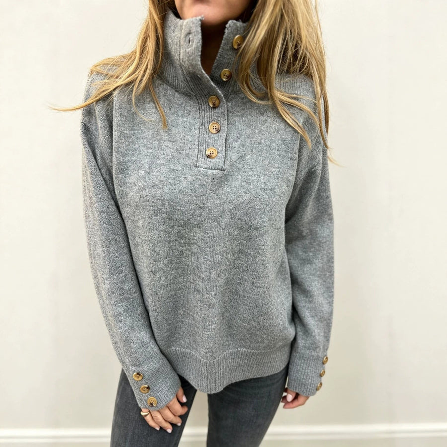 Damen Stehkragen Pullover mit Knopfleiste und Knopfdetails an den Ärmeln
