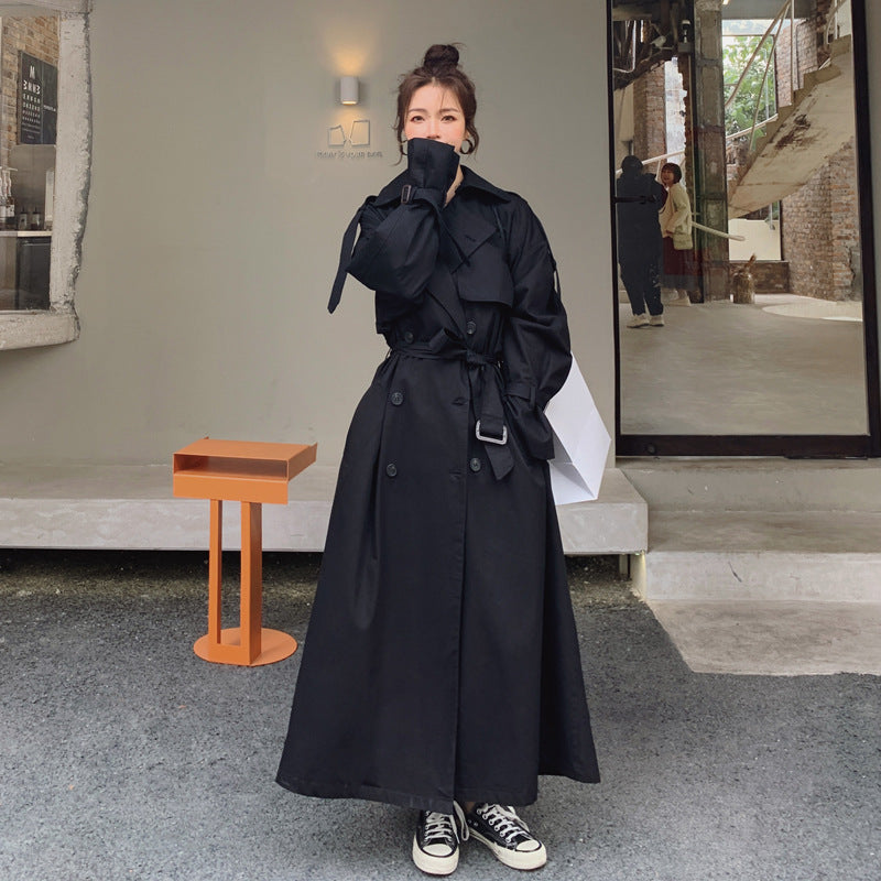 Damen Trenchcoat Lang Schwarz mit Bindegürtel und Reverskragen