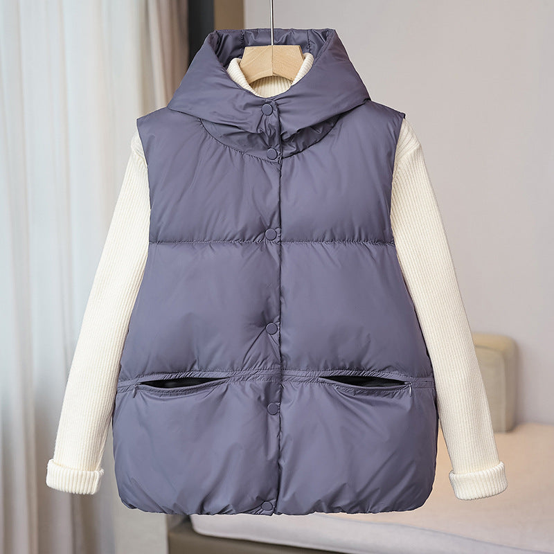 Korte zwarte damesdonsbodywarmer met capuchon, gewatteerd