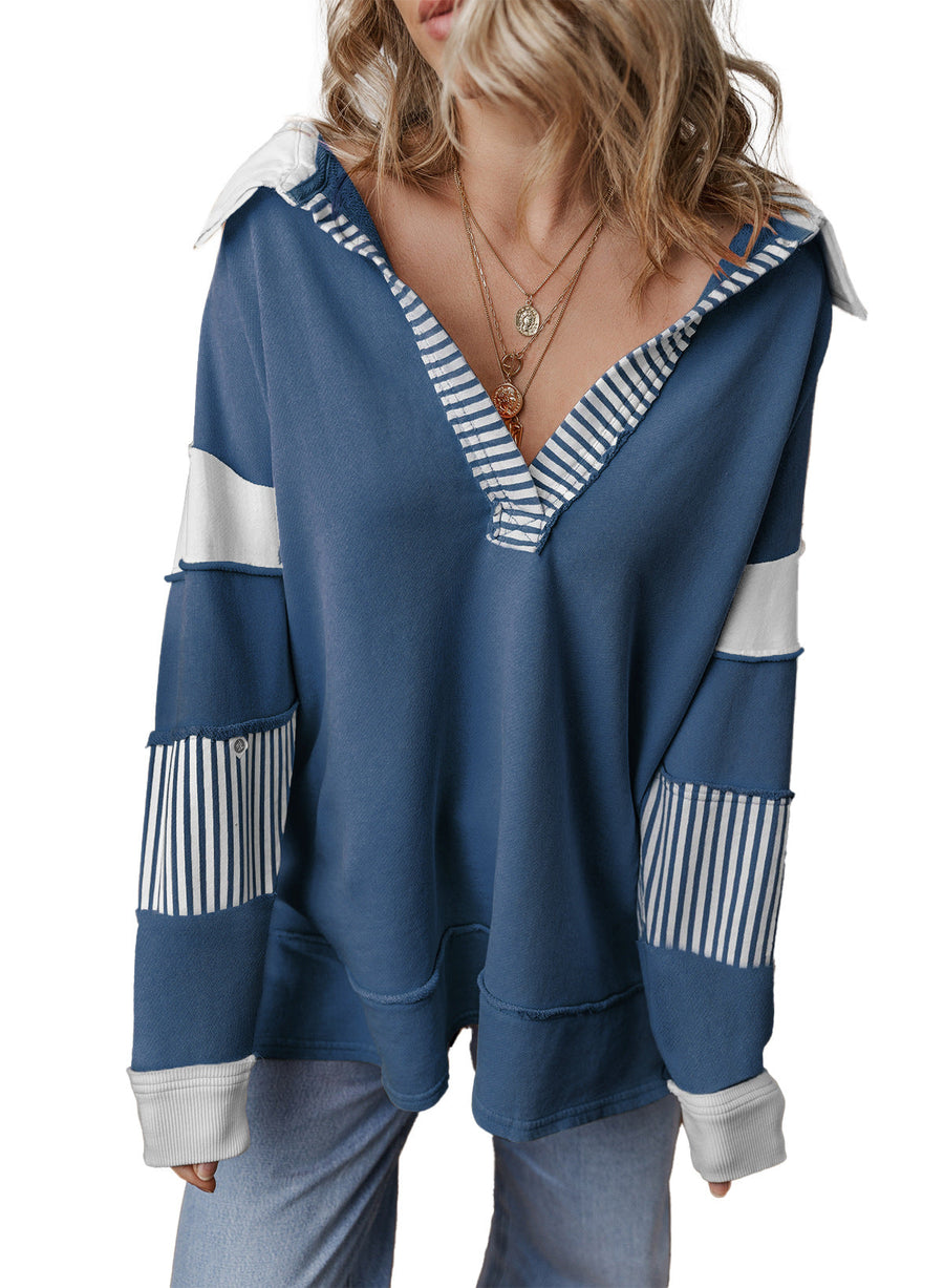 Dames oversized hoodie met capuchon, contrasterende strepen, V-hals en lange mouwen