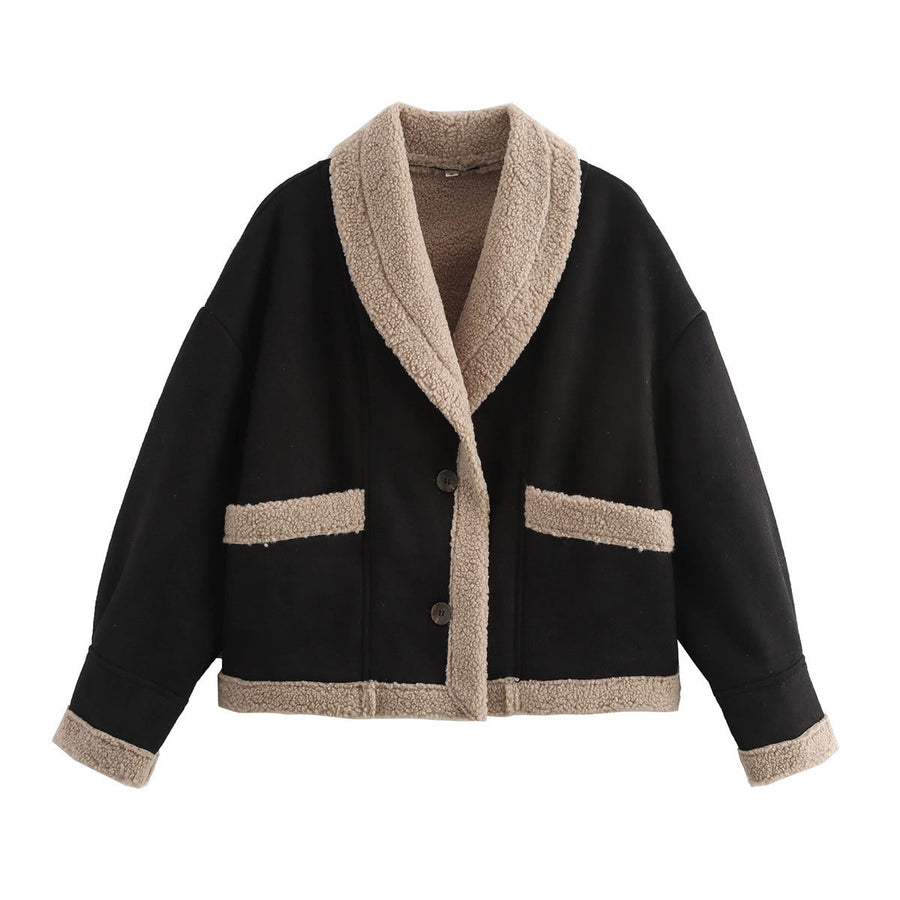 Kort damesjasje in shearlingstijl met pluche voering en kraag