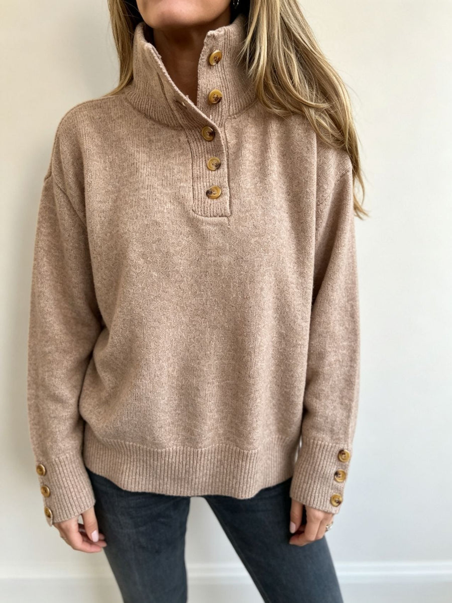 Damen Stehkragen Pullover mit Knopfleiste und Knopfdetails an den Ärmeln