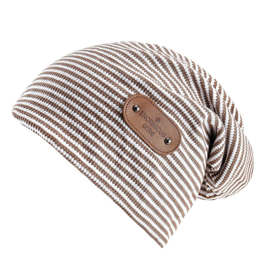 Gestreifte Beanie Mütze mit Leder-Patch, lässiger Stoff Beanie