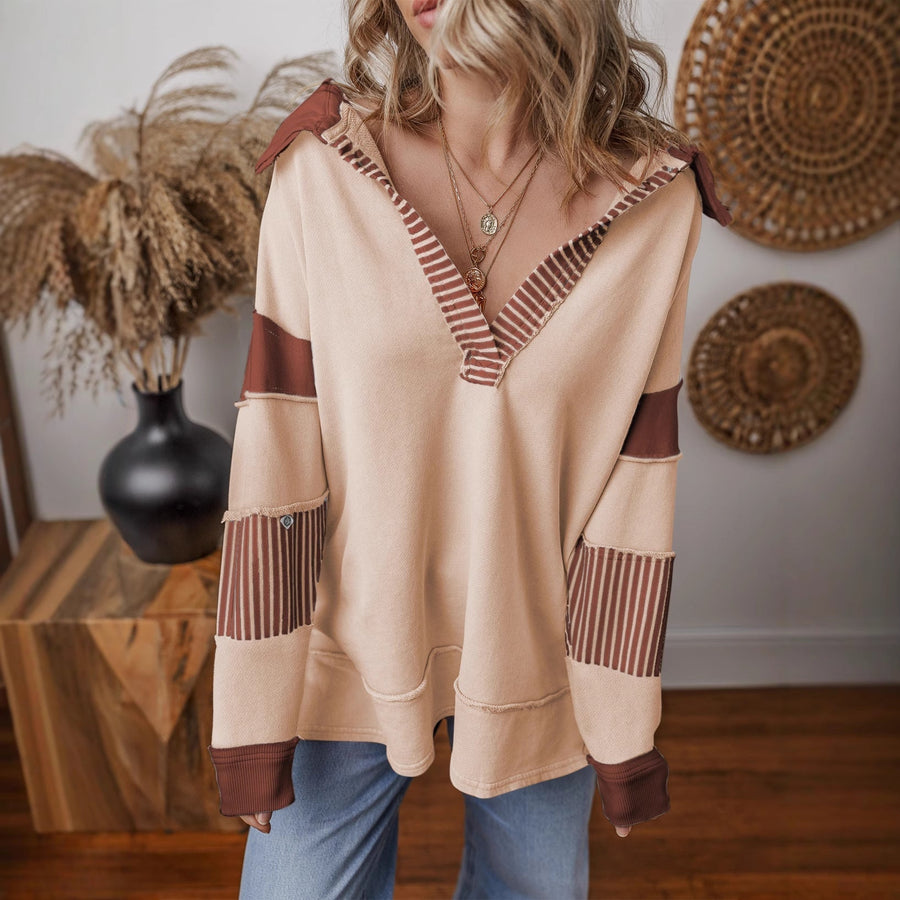 Dames oversized hoodie met capuchon, contrasterende strepen, V-hals en lange mouwen
