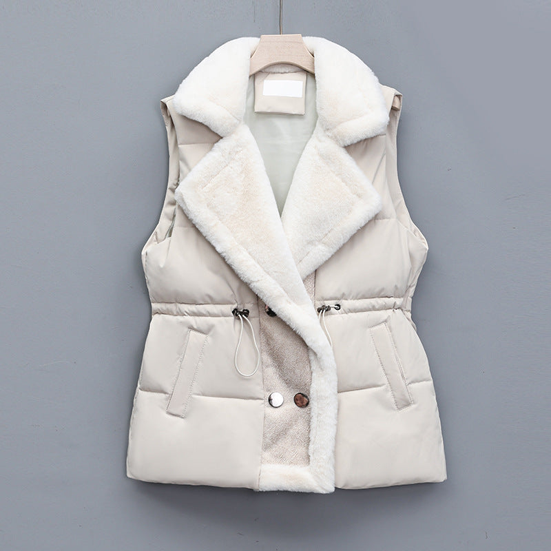 Damesbodywarmer met kraag van imitatiebont en taillekoord