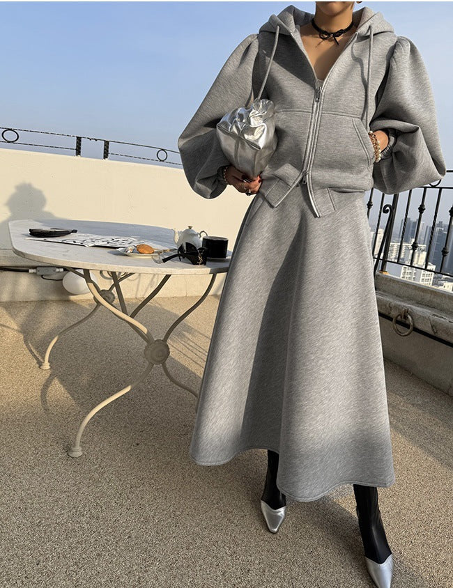 Damen Hoodie-Jacke mit Puffärmeln & A-Linien-Midirock Set