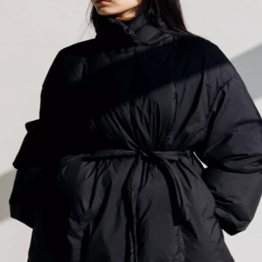 Damen Langer Steppmantel mit Gürtel Oversize Winterjacke