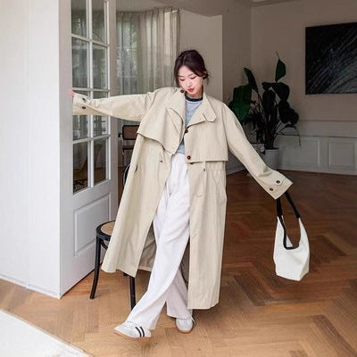 Damen Langer Trenchcoat Beige Leichter Übergangsmantel