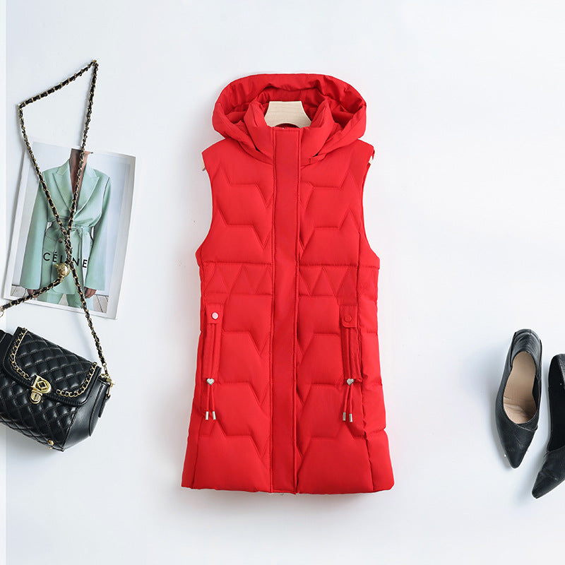 Gewatteerde damesbodywarmer met capuchon en ritssluiting, lang model