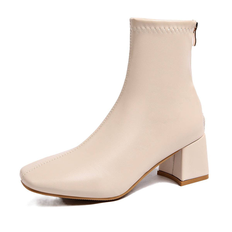 Damen Stiefeletten Blockabsatz Eckige Spitze Schwarz Beige Elastischer Schaft