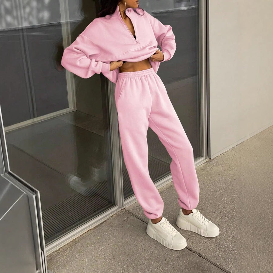 Damen Trainingsanzug Set mit Reißverschluss Stehkragen Sweatshirt und Jogginghose