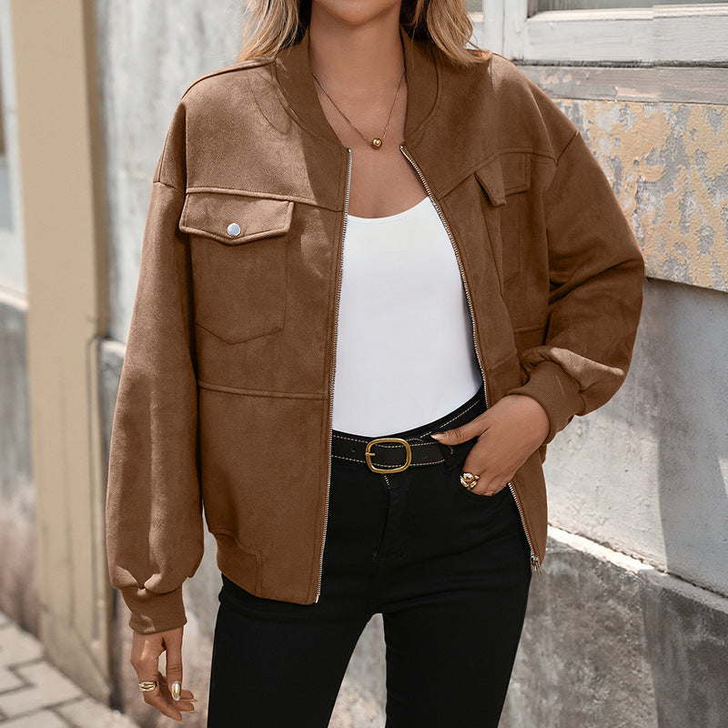 Braune Damen Bomberjacke mit Reißverschluss und Pattentaschen